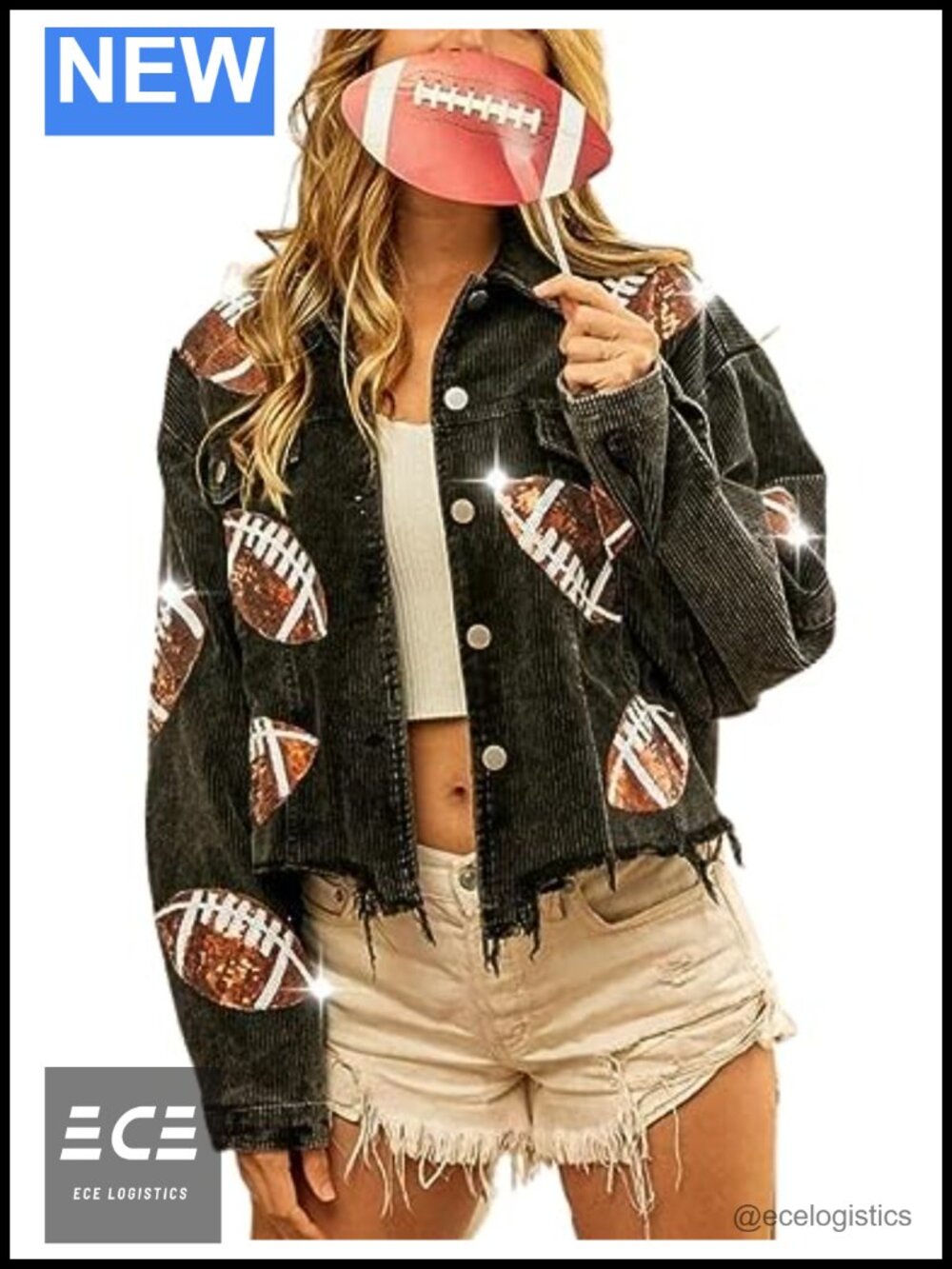 happlan Corduroy Cropped Shacket Football Sequin Frayed Hem Button Down